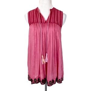 Rachel Zoe Pink Embroidered Babydoll Tunic Top Sleeveless Tassel Boho Medium NEW